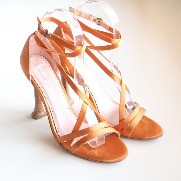 Leon Max Orange Satin Ankle Strap Open Toe Heels / Sandals / Dressy Shoes 6.5 - Picture 3 of 16